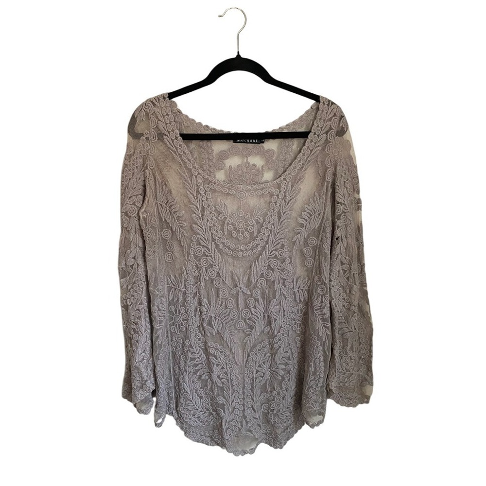 Mechant‎ Lace Overlay Tunic Top Boho Sheer Gray Large Festival Fairy Whimsigoth